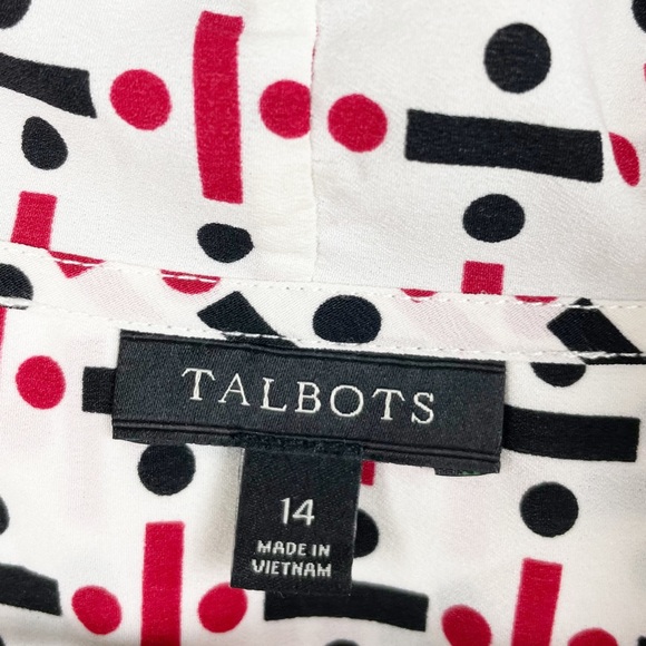 Talbots White Button Front Tie Neck Geometric Printed Blouse Women's Size 14 - Picture 6 of 9